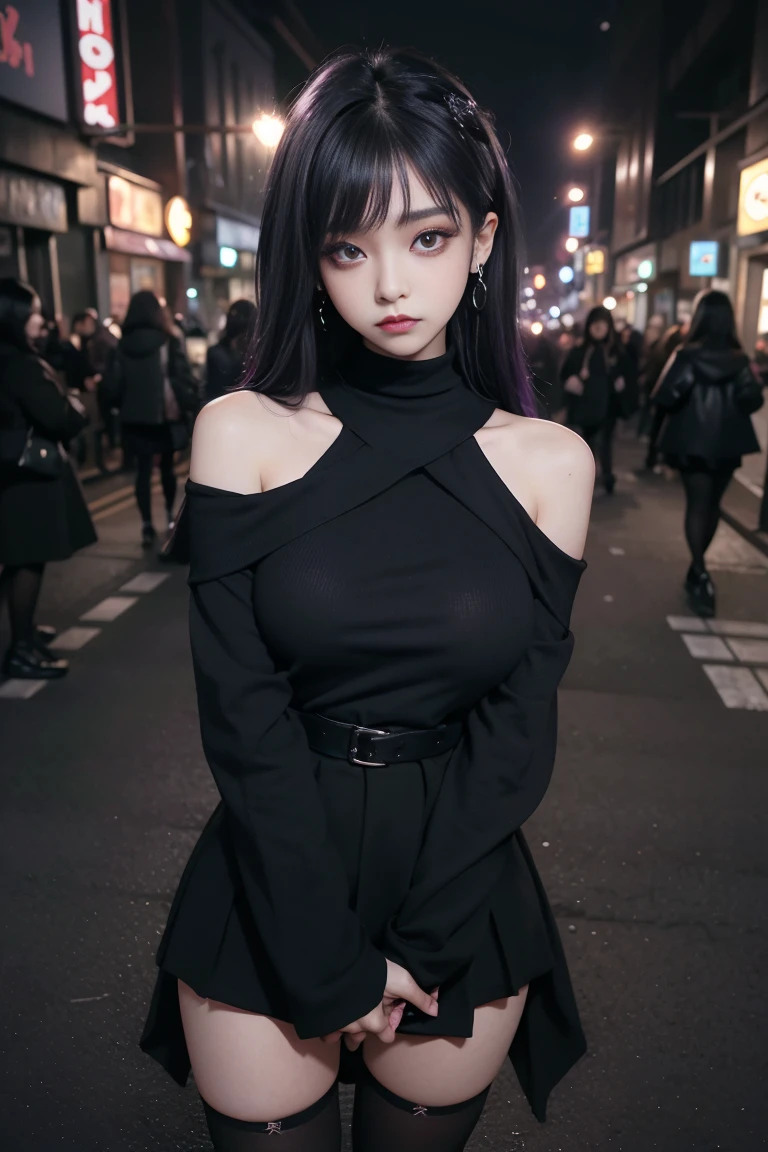 4k-ultra sharp、highest quality, masterpiece, ultra high resolution, (reality: 1.4), 16 year old girl, purple eyes, Off-the-shoulder sweater dresses, cinematic lighting、purple and black hair、(mine girl、goth makeup、mine makeup)、(Pierced ears、big breasts、Oversized black T-shirt with open shoulders、dark mini skirt)、((dark makeup、oil skin,sparkling skin、realistic skin texture、detailed beautiful skin、shiny skin)), Dark downtown at night、night、blue film photography、Kabukicho、Dark Cyberpunk、(full shot:1.8)、thin legs、thin arms、thin shoulders、thin waist、slender body、big breasts、whole body、Height 161cm、Weight 48Kg、F cup three sizes:B90/W56/H87 A big-breasted with experience of over 50 people