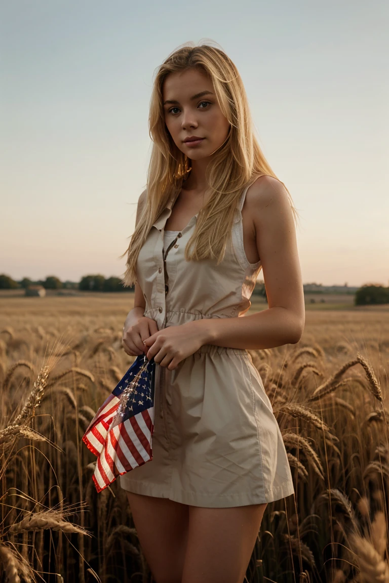 Blonde woman holding american flag, beautiful, in a wheat field