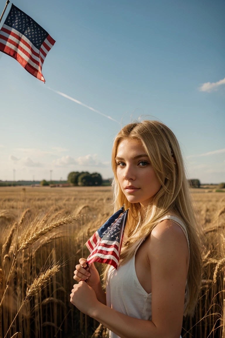 Blonde woman holding american flag, beautiful, in a wheat field