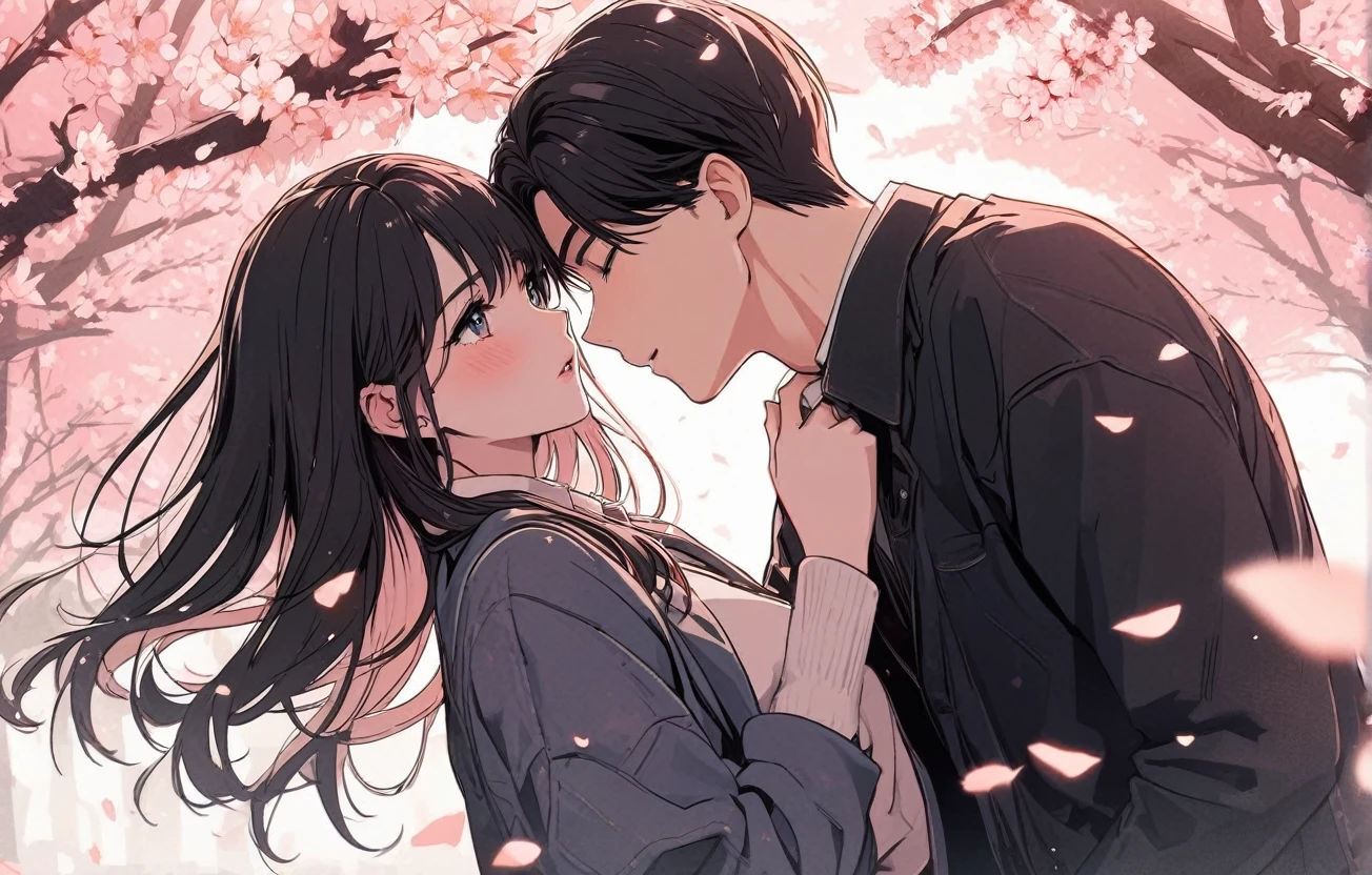 Vector, 8k, high resolution, high quality, romantic couple, lovers , just like in manhwa , young couple, high school, college, rich, romance, eyes open and looking at each other, about to kiss, the couple are standing under a cherry blossom tree in the school garden and the girl was leaning over the boy, flower and school garden background, full body