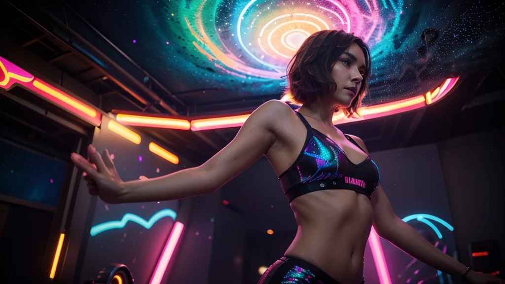 a cute, slender, aerobics instructor, very short brown hair, very short brown hair, very short brown hair, very short brown hair, very short brown hair, brown eyes, dimples, sexy pose; In a kaleidoscopic realm of swirling stardust and neon nebulae, her incandescent form outshines quasars, with obsidian tresses cascading down her silhouette. more neon psychedelic lighting, more neon psychedelic lighting, more neon psychedelic lighting,