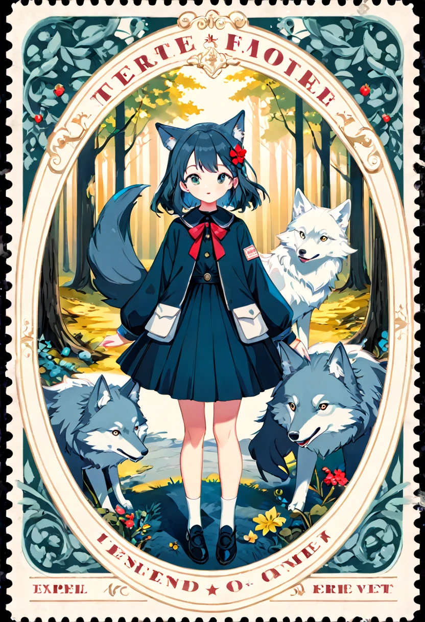 ephemera, label, retro, Vintage, stamp, A girl and a wolf meet in the forest,