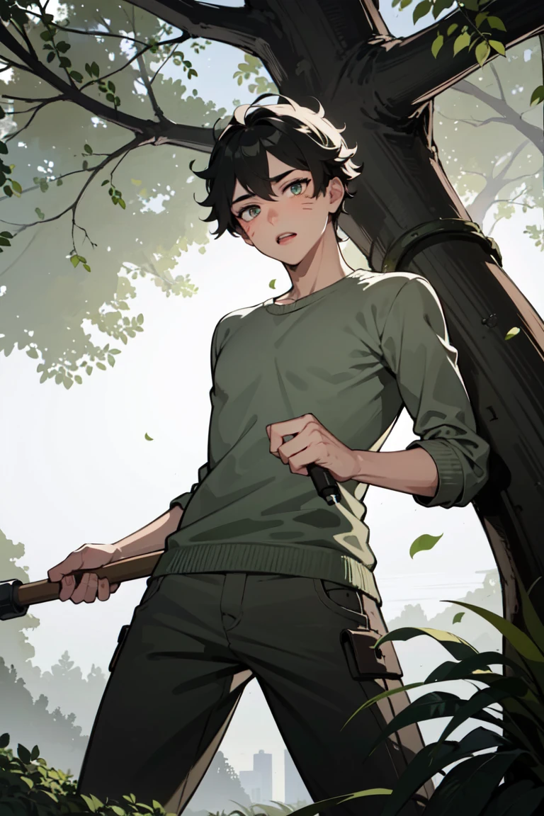 A boy with a dirt-smudged face hammering a plank into place on a tree branch, surrounded by lush green leaves