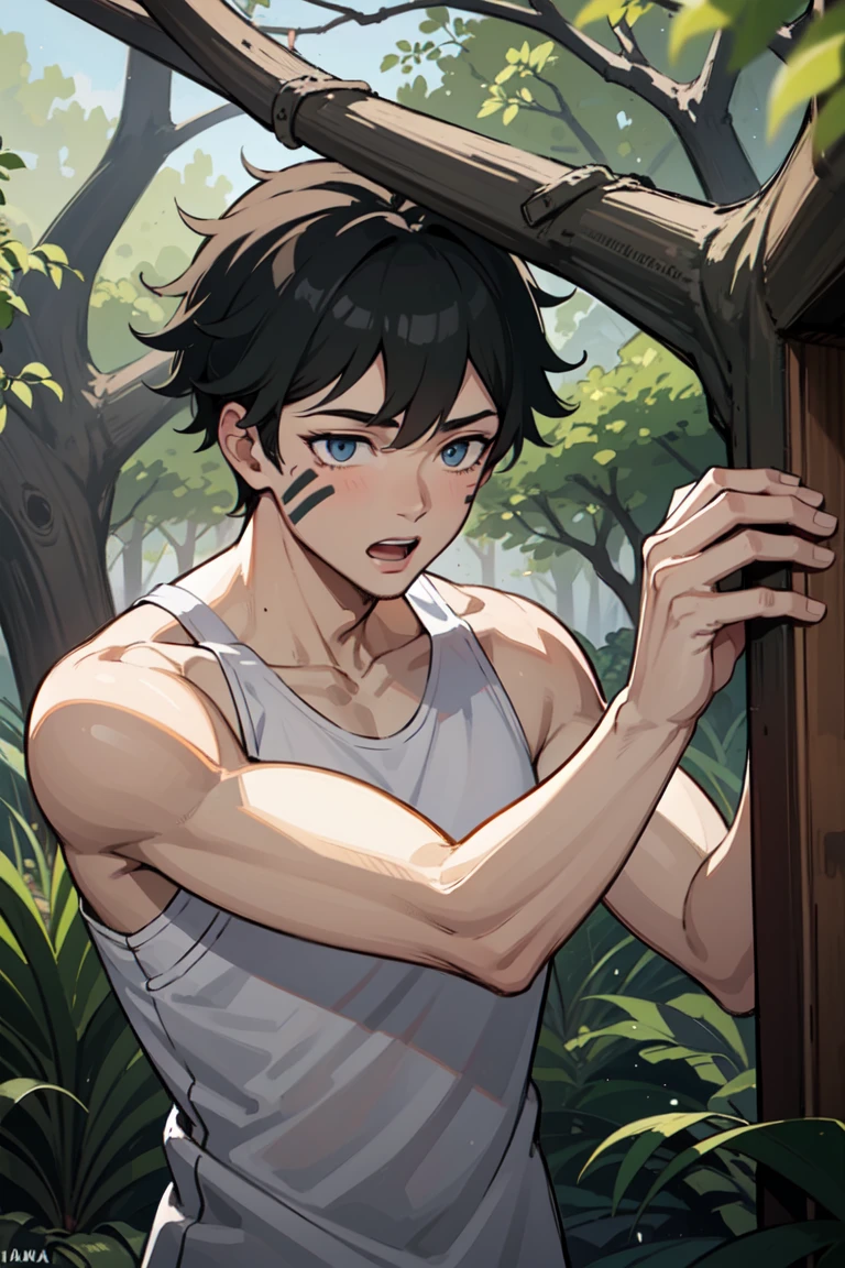 A boy with a dirt-smudged face hammering a plank into place on a tree branch, surrounded by lush green leaves