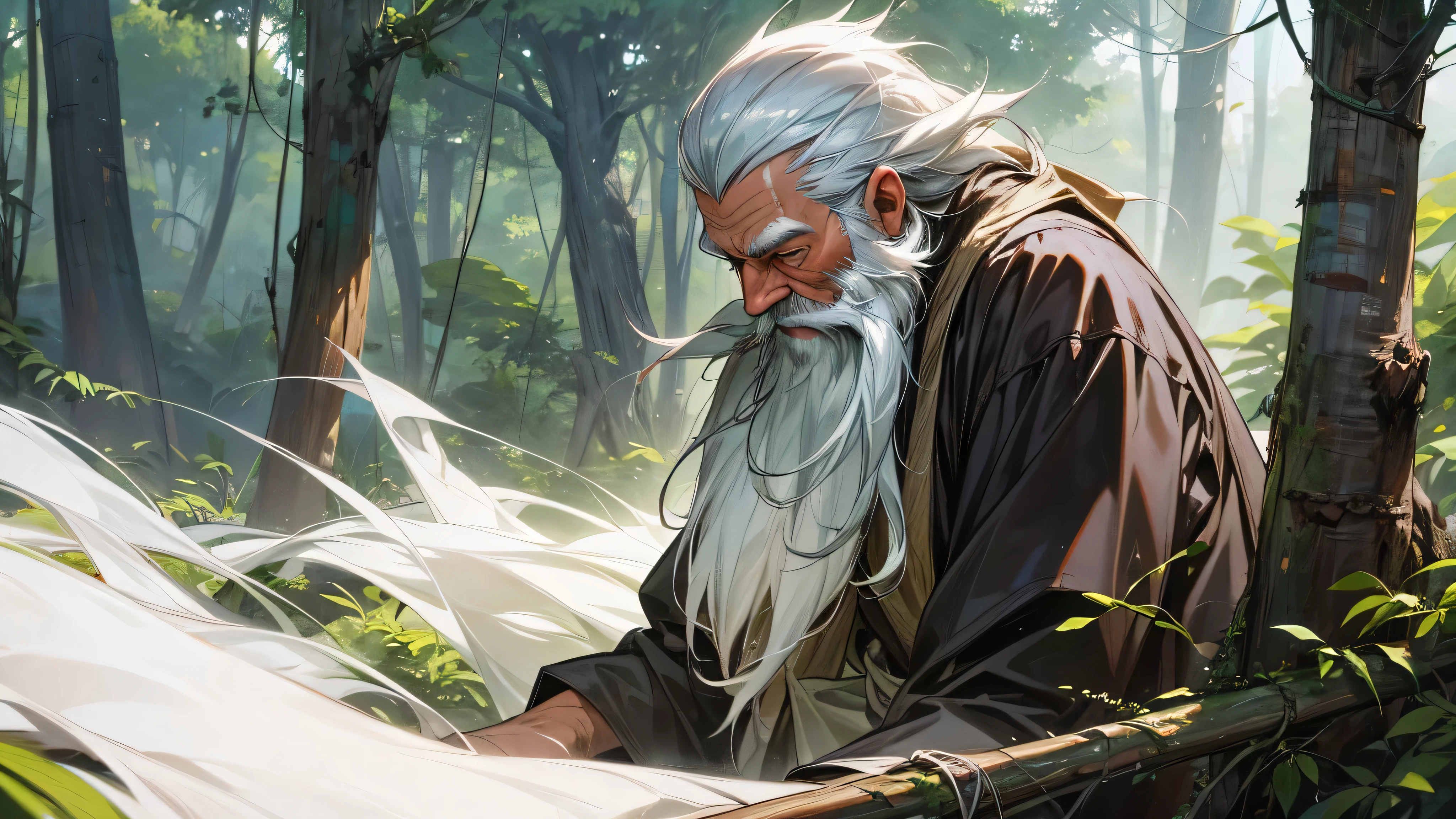 alone old grandfather, lives in forests, mountains, white hair and beard, berpakaian putih