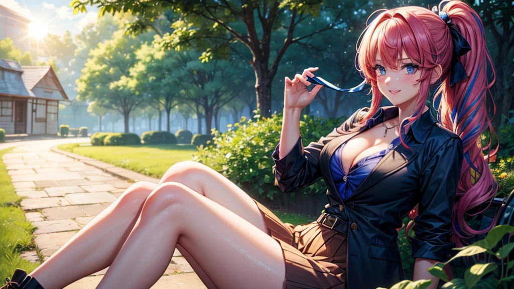 1girl, solo, summer, village, trees, sun, clouds, fantasy, ((colorful hair)), curly hair, ponytail, big full breasts, ((black blazer)), button down shirt, ((blue shirt)), ((short sleeved shirt)), ((unbuttoned shirt)), unbuttoning buttons, cleavage 1:3, blue eyes, skirt, smile, looking at the viewer, standing, hair ribbon, golden necklate