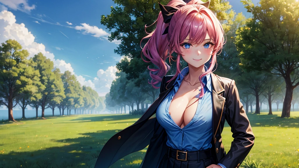 1girl, solo, summer, village, trees, sun, clouds, fantasy, ((colorful hair)), curly hair, ponytail, big full breasts, ((black blazer)), button down shirt, ((blue shirt)), ((short sleeved shirt)), ((unbuttoned shirt)), unbuttoning buttons, cleavage 1:3, blue eyes, skirt, smile, looking at the viewer, standing, hair ribbon, golden necklate