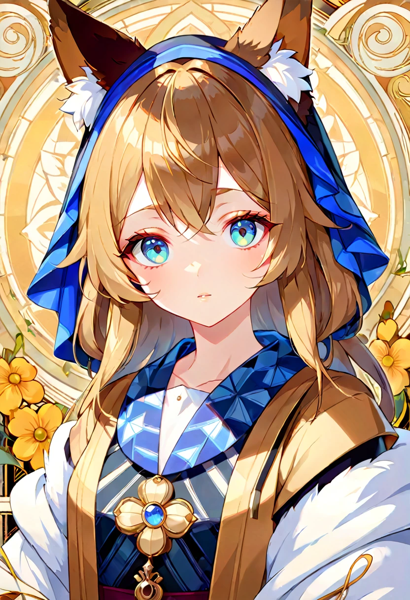 highres, top quality, best quality, paid reward available, High-quality illustrations by Johannes Vermeer, unparalleled masterpiece, perfect artwork, absurdres, perfect anatomy(highly detailed beautiful face and eyes) logo mark, stamp, Geometric pattern, vector-art, High-quality illustrations by Alfons Mucha, masterpiece(kemono, furry anthro)flower,