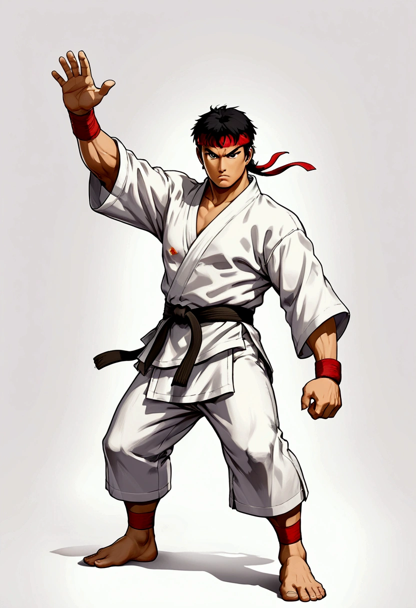 Create a full-body image of Ryu from Street Fighter wearing his iconic solid white kimono, facing forward. The belt of his kimono should already have the name 'Tawkedow' clearly written on it. The background should be white, highlighting Ryu in a dynamic and powerful pose, ready for battle. His black hair should be clearly visible, and his expression should be intense and focused.