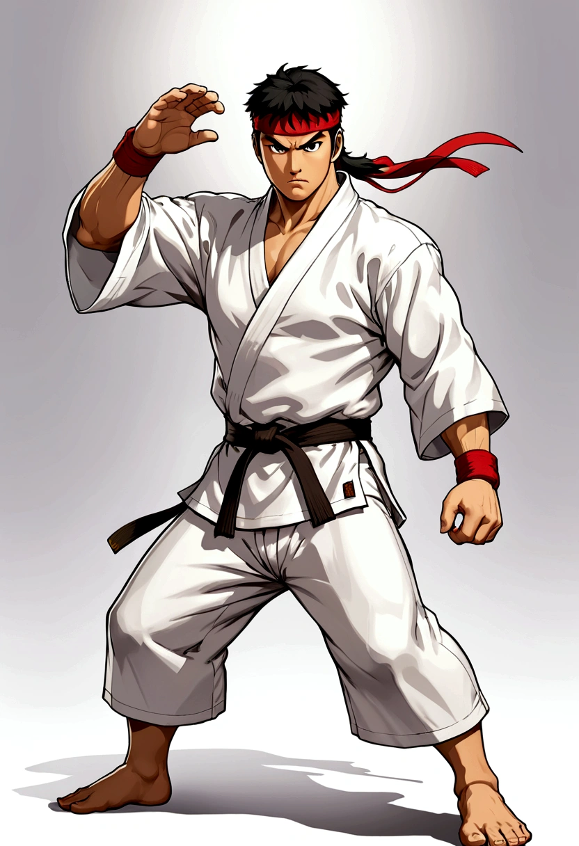 Create a full-body image of Ryu from Street Fighter wearing his iconic solid white kimono, facing forward. The belt of his kimono should already have the name 'Tawkedow' clearly written on it. The background should be white, highlighting Ryu in a dynamic and powerful pose, ready for battle. His black hair should be clearly visible, and his expression should be intense and focused.