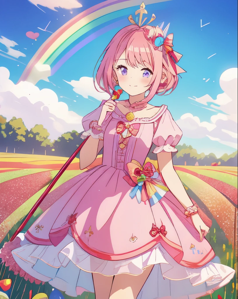 scepter, lots of candy, gumdrops, candycanes, a rainbow, candy, (a field of candy), 1girl, sugar queen, pink dress, a Sceptor of candy