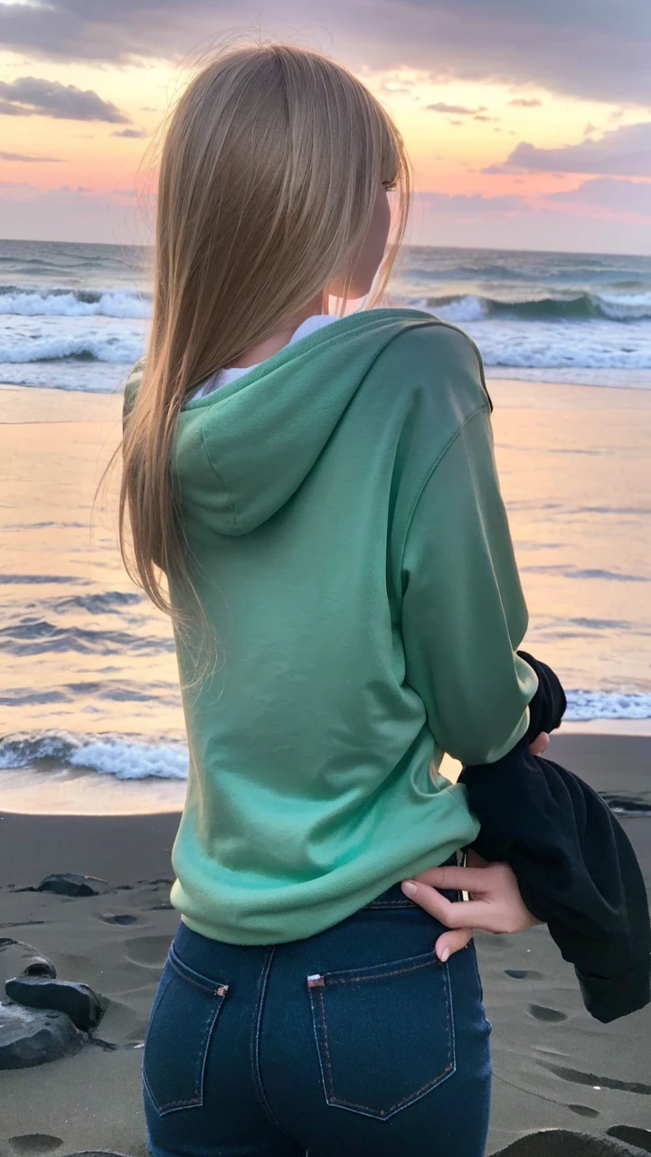 pale blonde age girl with bangs soft silky hair blue-green eyes wearing long black sweatshirt and black jeans, taking a photo of your back on the beach darkening purple sky and good quality
