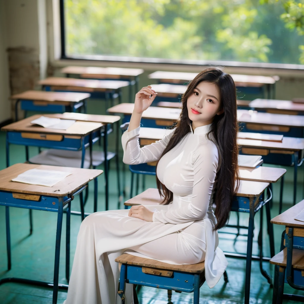 ((Ao Dai, fat, big breasts, beautiful breasts, sitting on a chair in the classroom, 8k quality photo with good details))