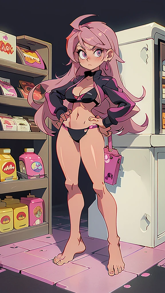 Masterpiece, best quality, Masterpiece, best quality, 1 woman , pink hair , purple eyes , sly face , black bikini , big breasts , abdomen , Long legs , Put your hands on your hips..... , Barefoot , full body , convenience store ,