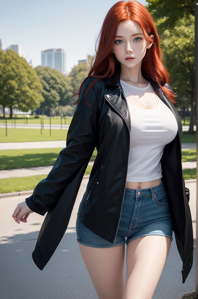 Realistic image of a beautiful young red-haired girl with blue eyes with a slim waist, wide hips and large breasts, wearing a white shirt under a black jacket with a green park in the background