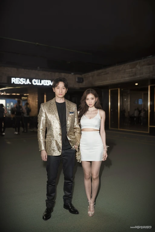 (original photography:1.3), (best quality), (Extremely detailed),(Tense atmosphere),(illustration), (1 boy and 1 girl standing together), Full body portrait, long shot, (Fashion、nightclub clothing), permanent,fashion model, Korean star,Looking at the audience, ( romantic), (Detailed background), Beautiful and delicate eyes, Absolutely beautiful, floating, (High Saturation), (Colorful splash), Perfect body