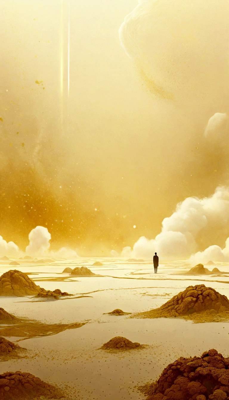 On the empty wasteland,Surrounded by many hazy golden particles floating in the air,Mysterious atmosphere,Hazy abstract future aesthetic minimalism, Simple drawing, dyeing