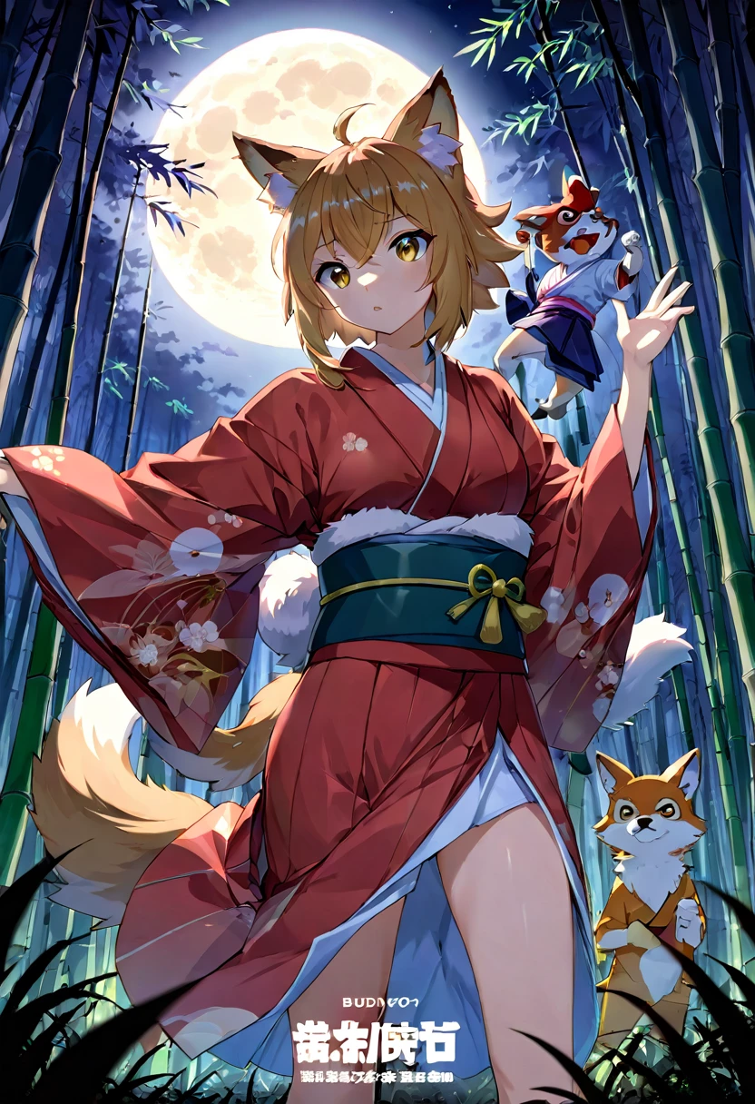 cover_page, highres, top quality, best quality, absurdres, movie posters, perfect anatomy(furry, kemono, anthro, 1boy, 1girl, buddy)bamboo forest, dark night with beautiful full moon, backlighting, battle(Japan kimono)dynamic pose,