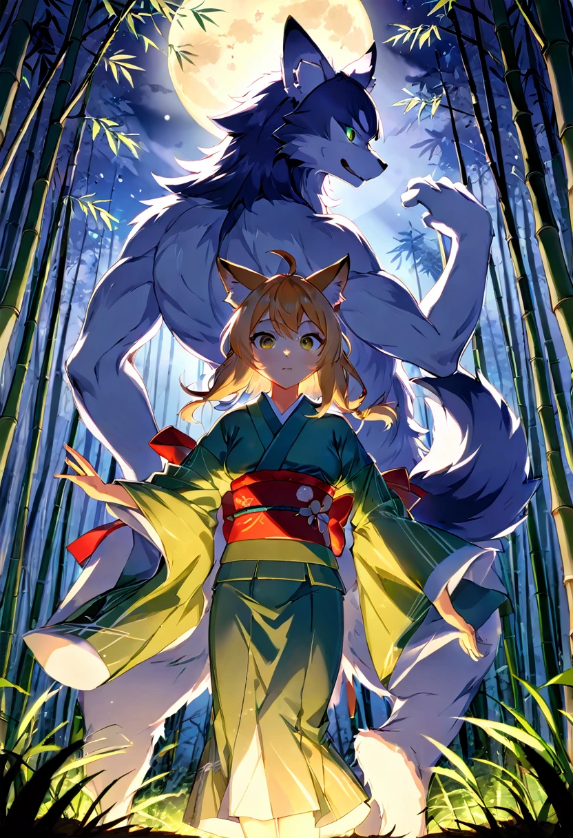 cover_page, highres, top quality, best quality, absurdres, movie posters, perfect anatomy(furry, kemono, anthro, 1boy, 1girl, buddy)bamboo forest, dark night with beautiful full moon, backlighting, battle(Japan kimono)dynamic pose,