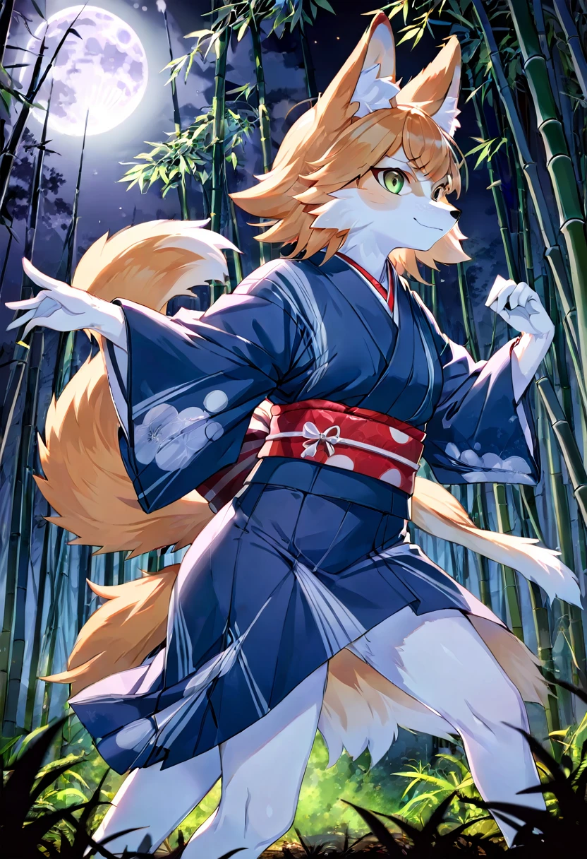 cover_page, highres, top quality, best quality, absurdres, movie posters, perfect anatomy(furry, kemono, anthro, 1boy, 1girl, buddy)bamboo forest, dark night with beautiful full moon, backlighting, battle(Japan kimono)dynamic pose,