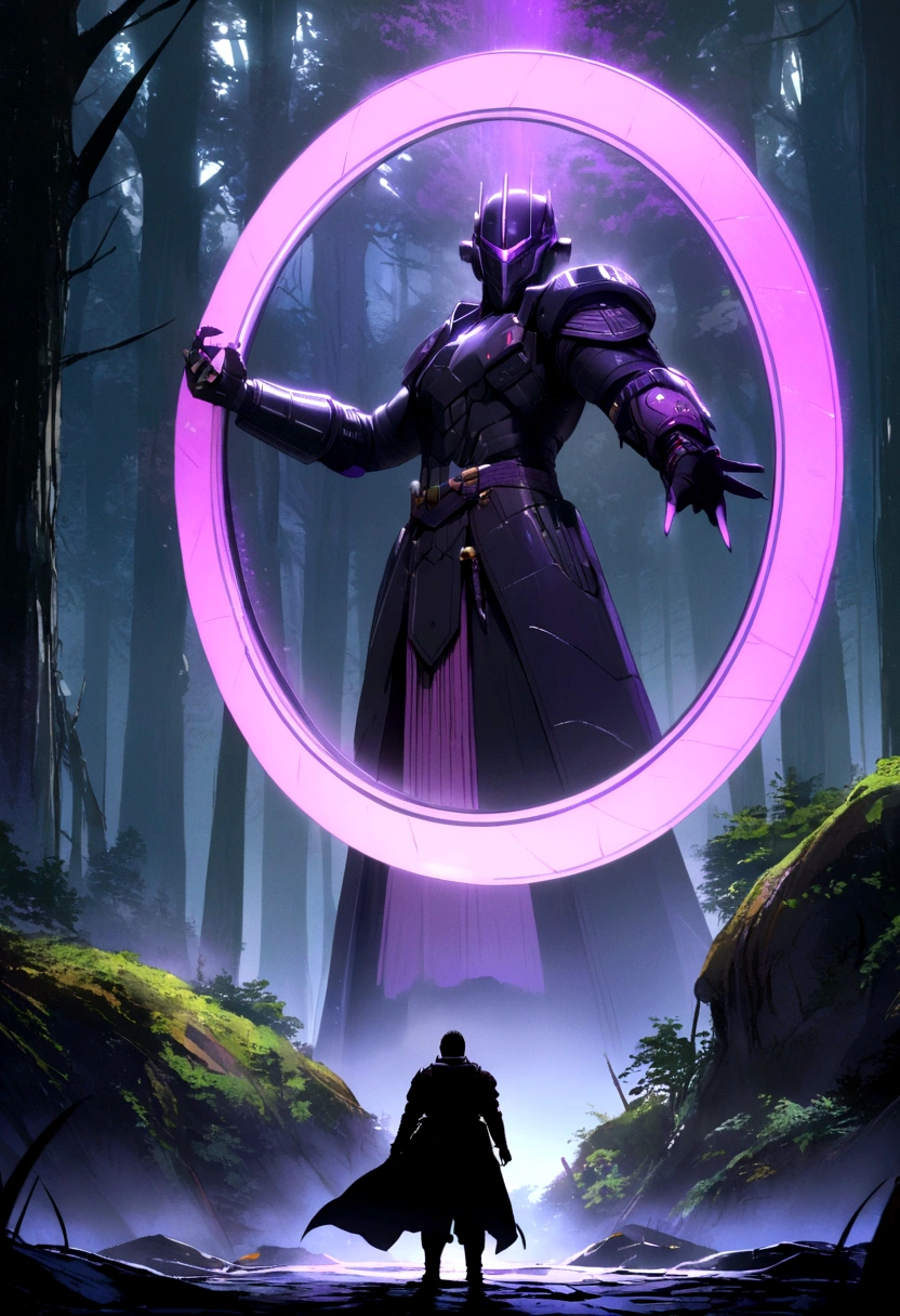 A black samurai with a purple katana standing in front of a sci fi time travel portal in the forest
