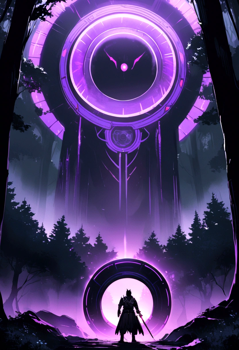 A black samurai with a purple katana standing in front of a sci fi time travel portal in the forest