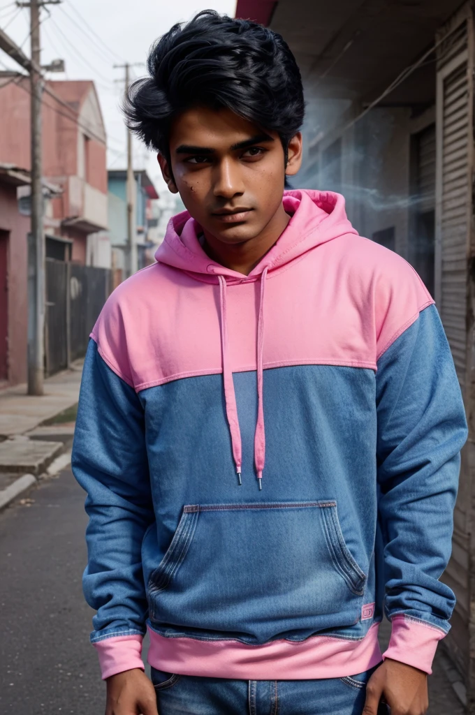 "Create a 3D image of 25 year old Indian cute boy a ager wearing pink & blue Hoodie jeans that says"bloody horror sunday" pink & blue color smokes on boy background with soft light artistically social media logo ETC, monster, Scary, ,skull