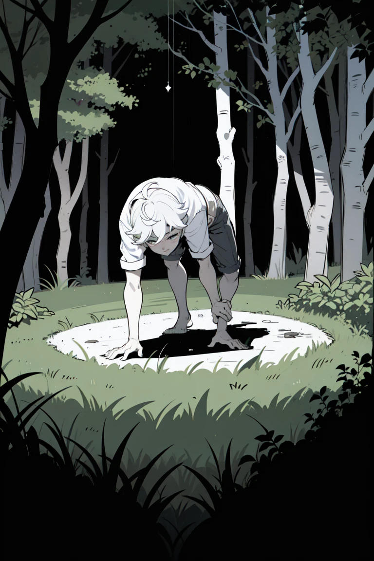 A boy with a dirt-smudged face hammering a plank into place on a tree branch, surrounded by lush green leaves, line art