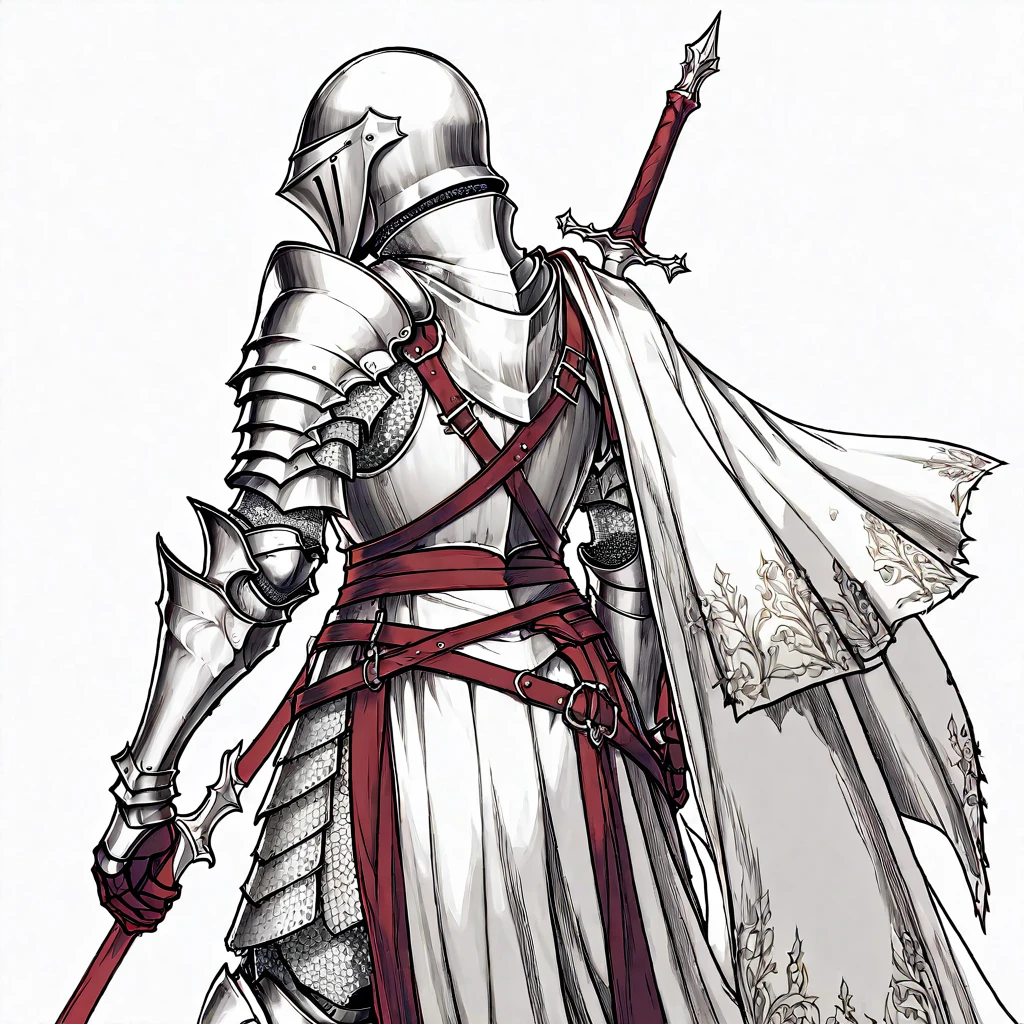 A knight in armor,Carrying a big sword on his back,Medieval European fantasy style,Line drawing style。Black and White、yellowish、Dark red main color。