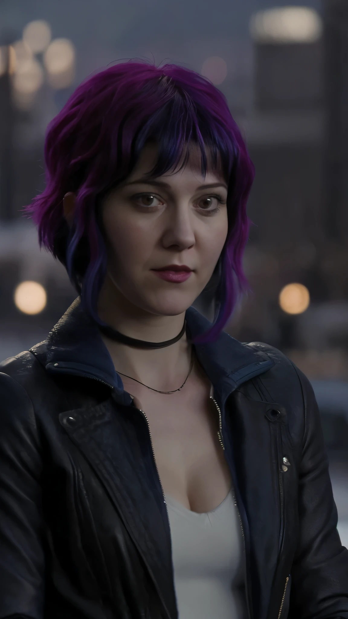 a picture of (ohwx woman:1.1), blue short bob hair,realistic, photorealistic, detailed skin, surface scattering, bokeh, skin pores,  city streets,wearing a jacket,outdoors, looking at viewer,detailed face,subtle smile, Ramona flowers  hair