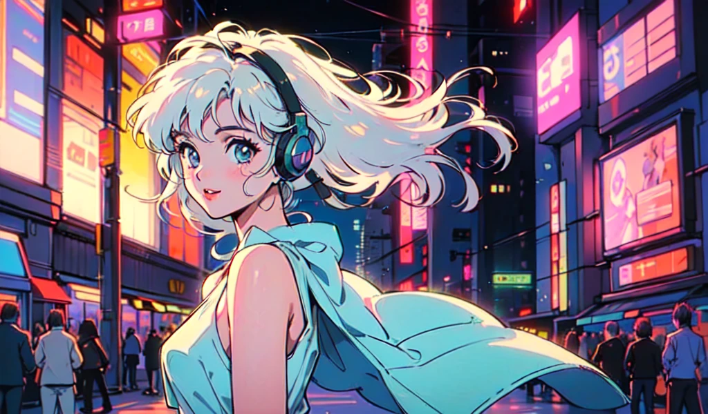 (80s, retro, city pop: 1.5), (album jacket), (famous song, highest quality), (anime, illustration), (pastel color: 1.4),
Best photo pose, dynamic angle, white hair, cool impression, glossy hair, white dress, miniskirt, girl, solo, smile, perfectly detailed eyes, delicate face, ponytail, night city, neon lights , wearing headphones,
