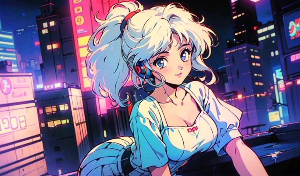 (80s, retro, city pop: 1.5), (album jacket), (famous song, highest quality), (anime, illustration), (pastel color: 1.4),
Best photo pose, dynamic angle, white hair, cool impression, glossy hair, white dress, miniskirt, girl, solo, smile, perfectly detailed eyes, delicate face, ponytail, night city, neon lights , wearing headphones,