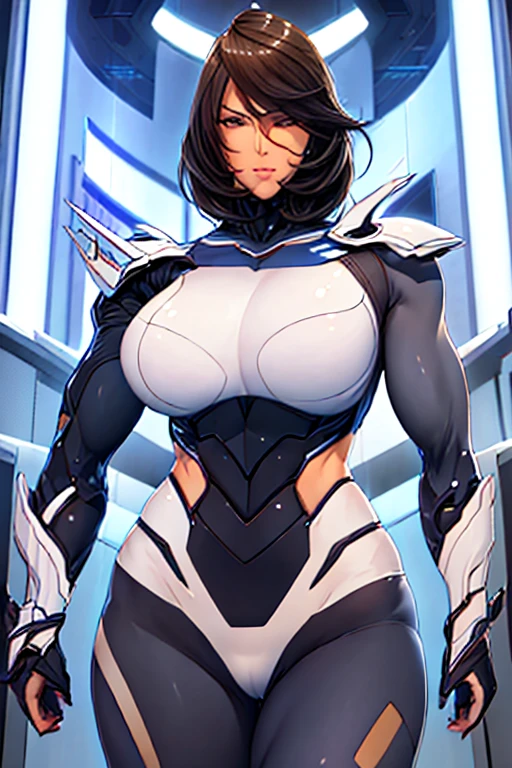 A mature woman, sexy, muscular, wearing cyber suit, breasts window, big breasts, wide butts, short hair, bangs, slayer, (Full Body Portrait), full body, standing straight, looking into the camera. 