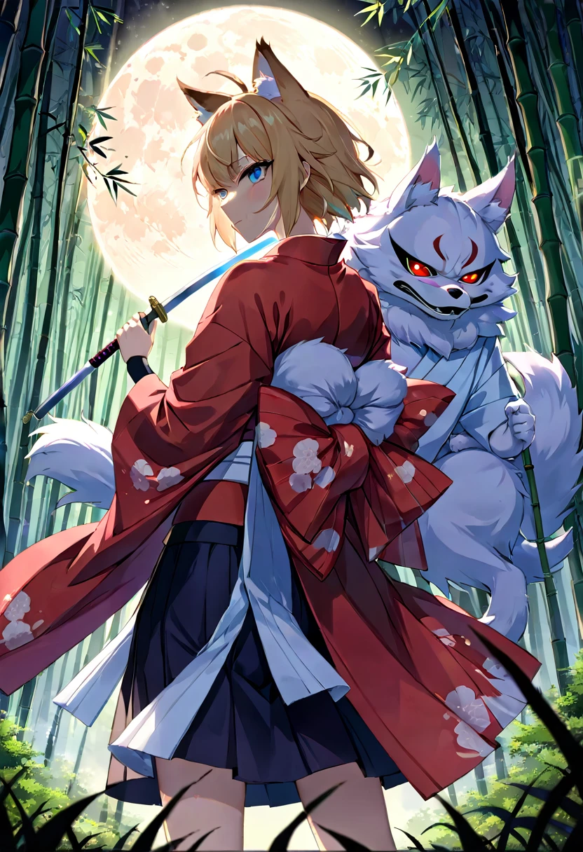 Top quality ultra-fine illustrations, movie posters, Zatoichi, Blind Swordsman (bamboo forest, dark night with beautiful full moon, rays of light through bamboo, backlighting, Tyndall phenomenon) (beautiful face and eyes, down to the details) Absurd perfect anatomy ((Beastman))) (furry, pairs, boy with girls on his back, Japan kimono, ninja, sword with blue flames, battle duels, concentration lines) ( Furry Antro: 1.7) ((((((Furry body, animal facial features, animal body features)))) (((((Highly detailed fur on the muzzle of the animal))))) full body, sturdy look, shouting, combat regime (dynamic pose),