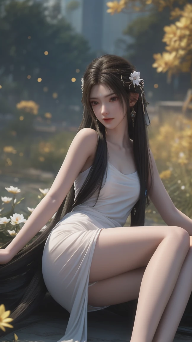 1girl, girl with long black hair, smiling, cheerful, the girl wearing white long dress, girl is lie down among a wide expanse of flowers,girl posing gracefully , surrounded by beautiful flowers, Calm and peaceful atmosphere, night, moonlight , Beautiful glowing butterflies surround the girl lighting up the darkness of the night, magic,Romantic, the night breeze blows the Sepoi Sepoi girl's hair, 