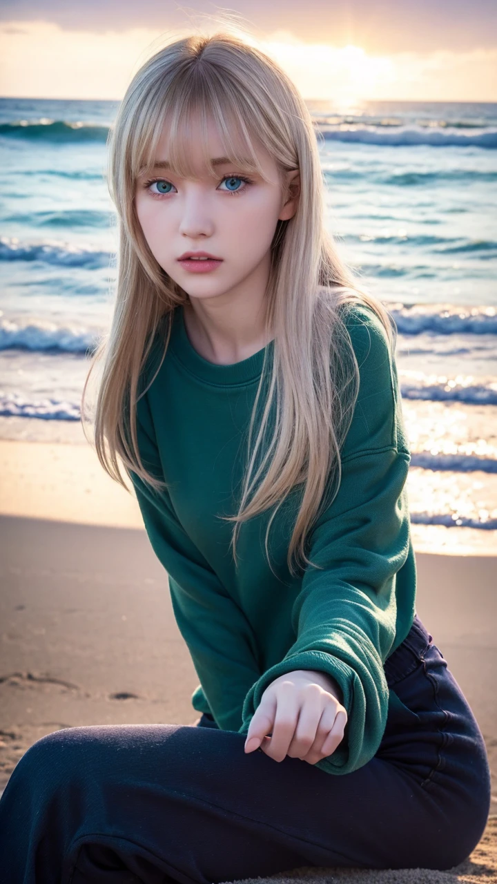 pale blonde age girl with bangs soft silky hair blue-green eyes wearing long black sweatshirt and black jeans, taking a photo sideways on the beach darkening purple sky sun hitting her face and good quality