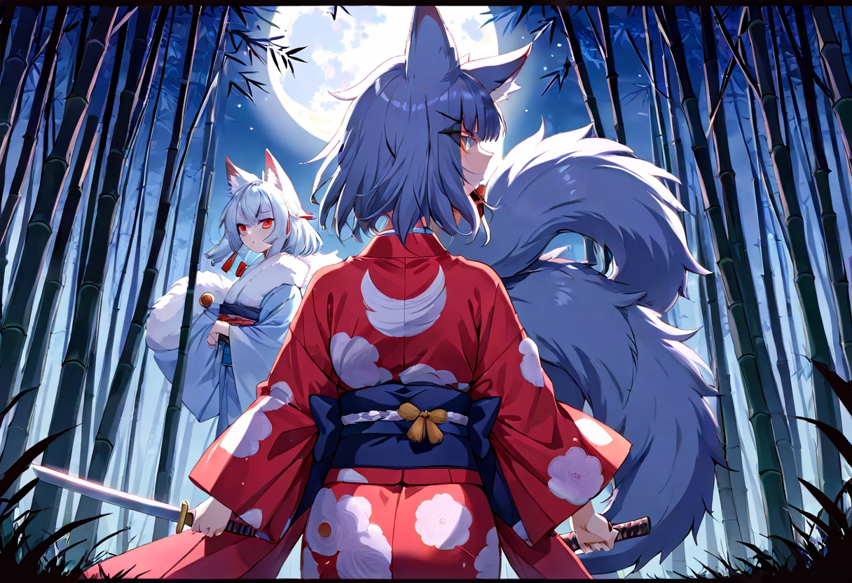 Top quality ultra-fine illustrations, movie posters, Zatoichi, Blind Swordsman (bamboo forest, dark night with beautiful full moon, rays of light through bamboo, backlighting, Tyndall phenomenon) (beautiful face and eyes, down to the details) Absurd perfect anatomy ((Beastman))) (furry, pairs, boy with girls on his back, Japan kimono, ninja, sword with blue flames, battle duels, concentration lines) ( Furry Antro: 1.7) ((((((Furry body, animal facial features, animal body features)))) (((((Highly detailed fur on the muzzle of the animal))))) full body, sturdy look, shouting, combat regime (dynamic pose),