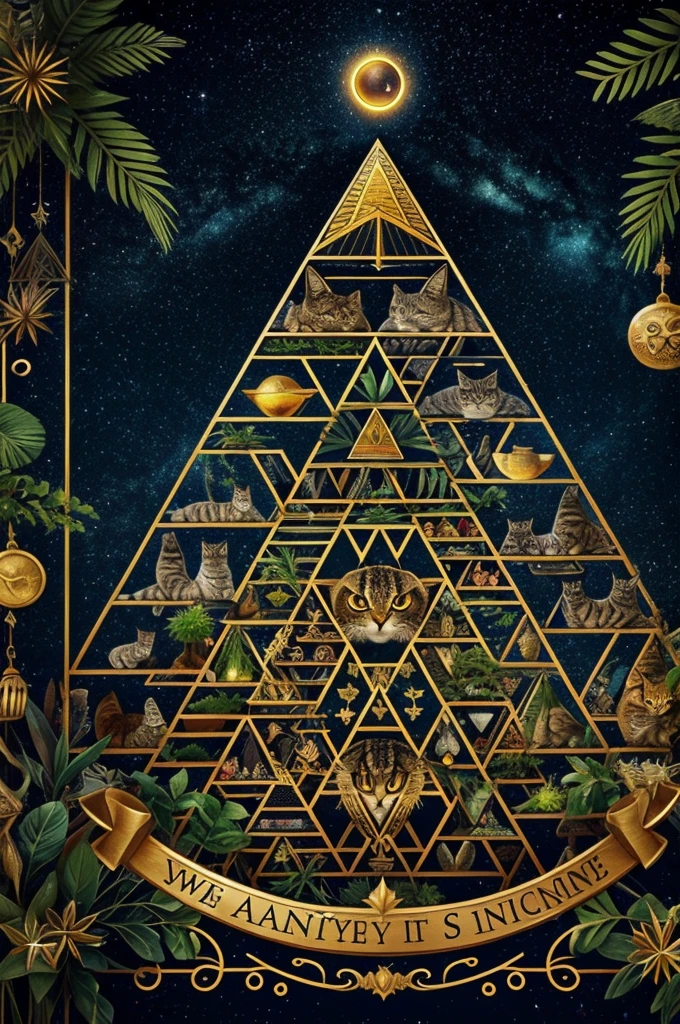 a background with many plants, a pyramid behind with an eye, a starry sky, many spiritual cats and owls. in the middle the letters RVNTS, with many spirals, that cats have macabre smiles