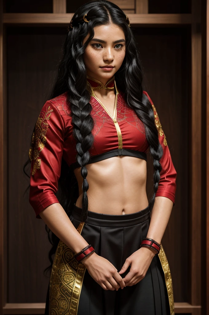 **Appearance:**
- Jet black hair, long and curly, that cascades to the waist. he usually wears it loose, but sometimes she gathers it in a braid with a crimson ribbon.
- Emerald green eyes, bright and penetrating, that reflect great intensity and determination.
- Brown and radiant skin, with soft freckles scattered over her cheeks and nose.
- Medium height and athletic build, with defined muscles that denotes his rigorous training.
- He wears a red haori with black details that resemble spider webs, decorated with small golden flowers, representing the beauty and lethality of nature. Her demon slayer uniform has black and gold details.