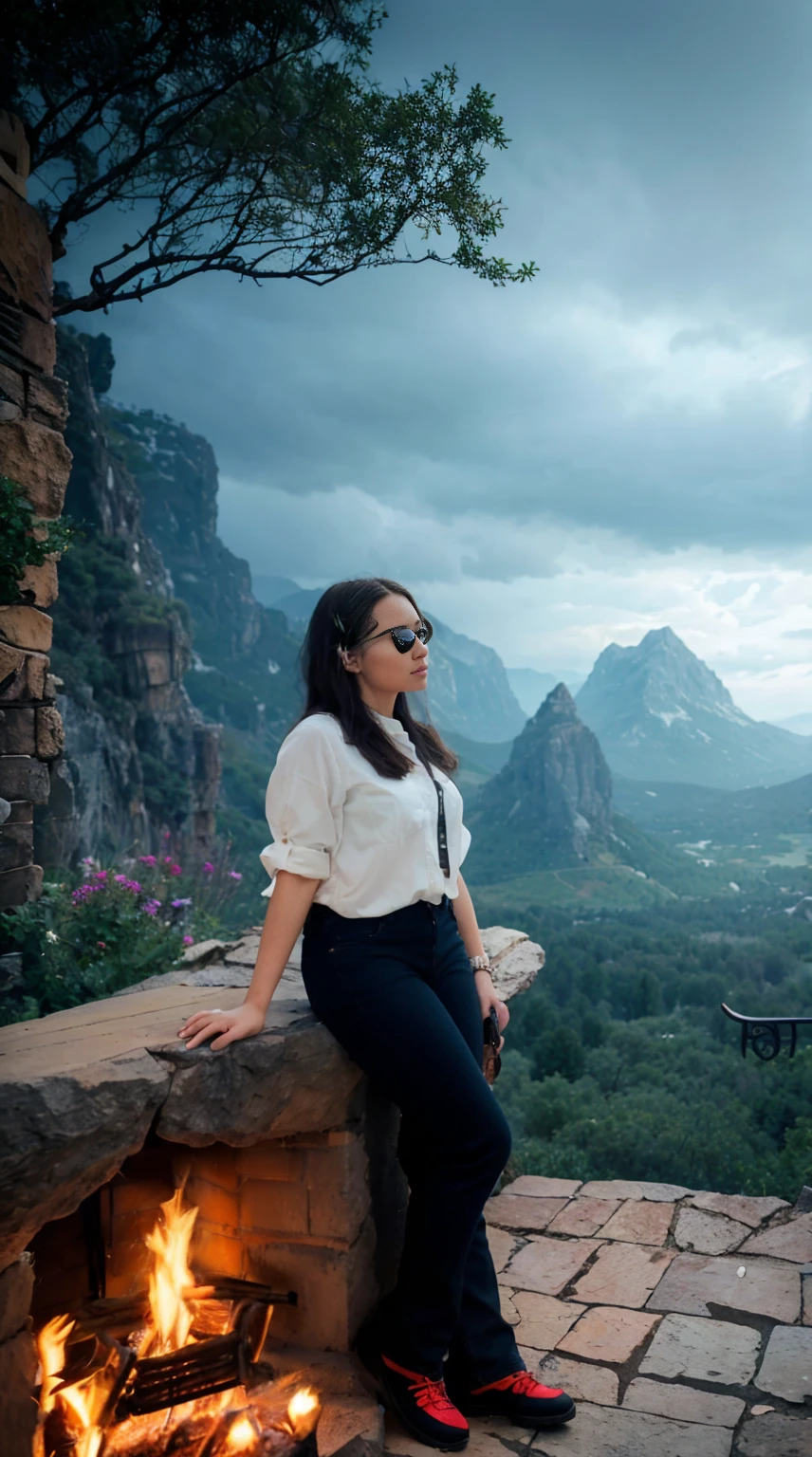 high quality, best quality, photo-realistic, raw-photo, ultra-detailed, High definition, masterpiece, intricate details, detailed texture, finely detailed, portrait of a woman standing next to a fireplace, the woman was wearing a white shirt and jeans, the woman also wore red mountain shoes, mountain views and dense forests