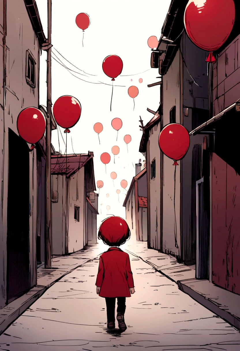A 5-year-old boy walks down a dark, deserted street in search of a red balloon that is loose in the air