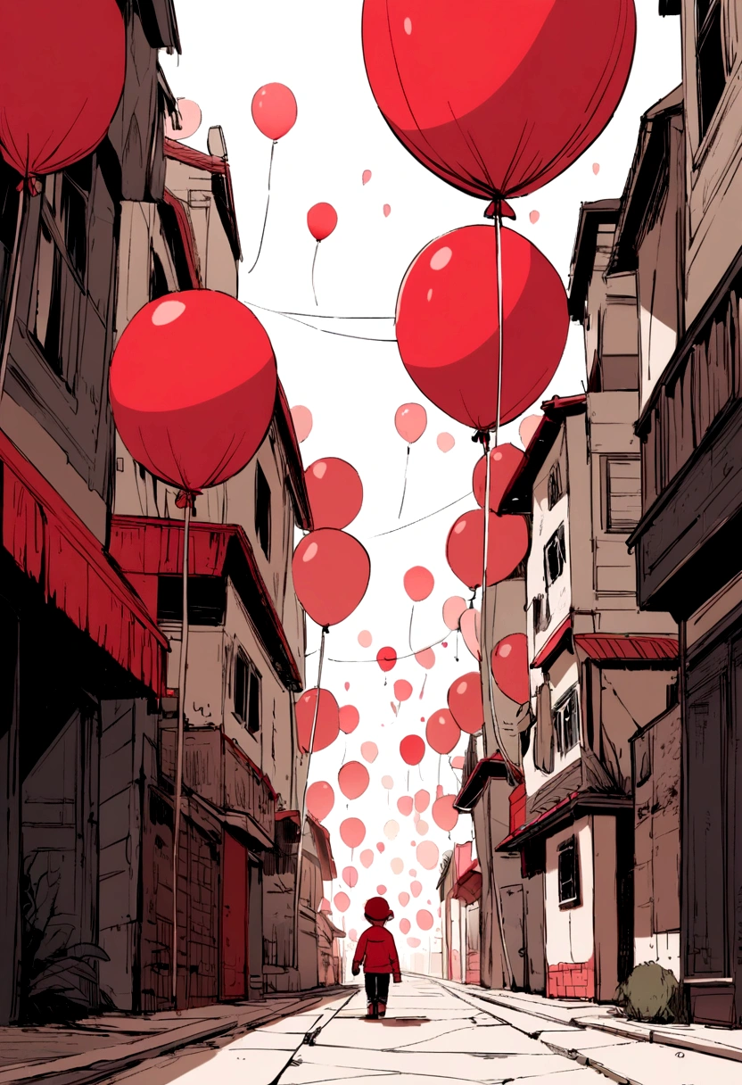 A 5-year-old boy walks down a dark, deserted street in search of a red balloon that is loose in the air