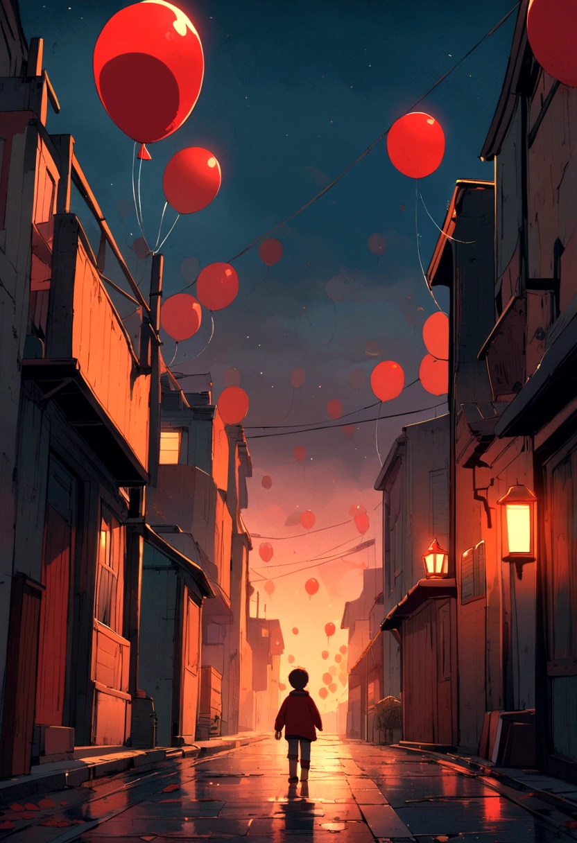 A 5--old  walks down a dark, deserted street in search of a red balloon that is loose in the air