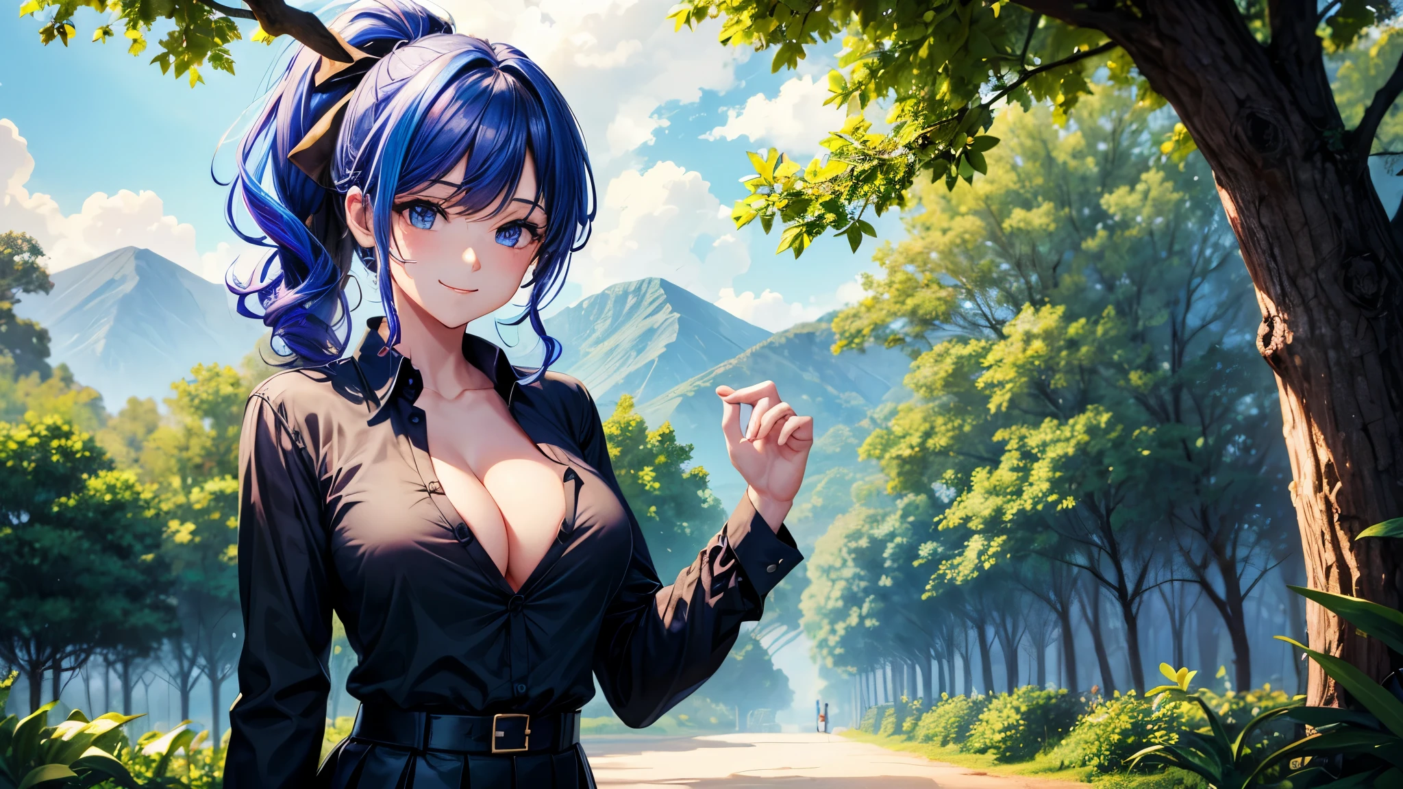 1girl, solo, summer, village, trees, sun, clouds, fantasy, ((colorful hair)), curly hair, ponytail, big full breasts, ((black blazer)), button down shirt, ((blue shirt)), ((short sleeved shirt)), ((unbuttoned shirt)), unbuttoning buttons, cleavage 1:3, blue eyes, skirt, smile, looking at the viewer, standing, hair ribbon, golden necklate