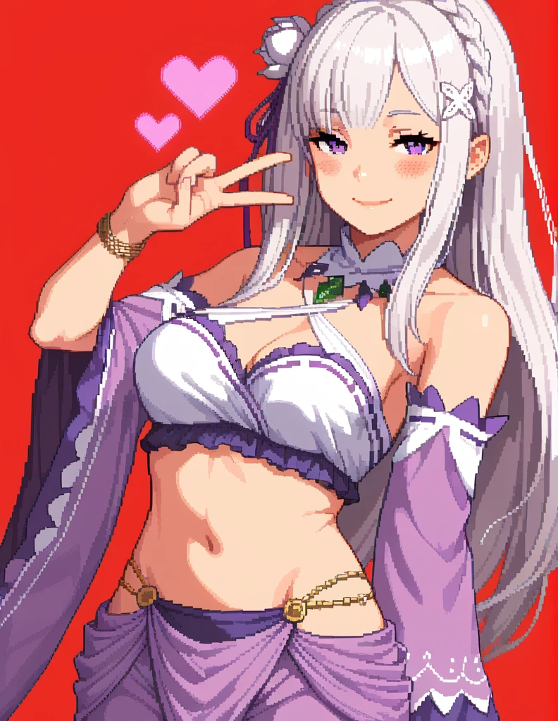 score_9, score_8_up, score_7_up, rating_safe, 1girl, solo, Pixel_Art,
Re:Zero, Emilia, purple eyes, white hair, long hair, sidelocks, big breasts, topless, revealing clothes, harem outfit, collarbone, halterneck, criss-cross halter, necklace, detached sleeves, bracelet, bare shoulders, navel, hip vent, harem pants, cowboy shot, v, hand up, looking at viewer, simple background, red background, heart background, blush, naughty face, smile, half-closed eyes