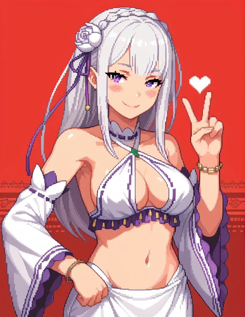 score_9, score_8_up, score_7_up, rating_safe, 1girl, solo, Pixel_Art,
Re:Zero, Emilia, purple eyes, white hair, long hair, sidelocks, big breasts, topless, revealing clothes, harem outfit, collarbone, halterneck, criss-cross halter, necklace, detached sleeves, bracelet, bare shoulders, navel, hip vent, harem pants, cowboy shot, v, hand up, looking at viewer, simple background, red background, heart background, blush, naughty face, smile, half-closed eyes