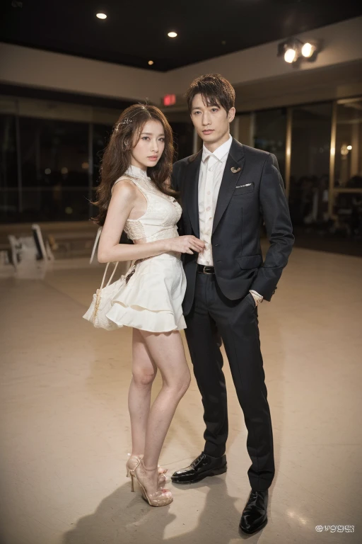 (original photography:1.3), (best quality), (Extremely detailed),(Tense atmosphere),(illustration), (1 boy and 1 girl standing together), Full body portrait, long shot, (Fashion、nightclub clothing), permanent,fashion model, Korean star,Looking at the audience, ( romantic), (Detailed background), Beautiful and delicate eyes, Absolutely beautiful, floating, (High Saturation), (Colorful splash), Perfect body
