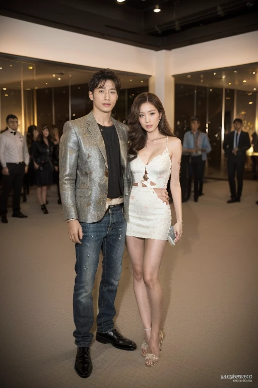 (original photography：1.3), (best quality), (Extremely detailed),(Tense atmosphere),(illustration), (1 boy and 1 girl standing together), Full body portrait, long shot, (Fashion、nightclub clothing), permanent,fashion model, Korean star，Looking at the audience, ( romantic), (Detailed background), Beautiful and delicate eyes, Absolutely beautiful, floating, (High Saturation), (Colorful splash), Perfect body