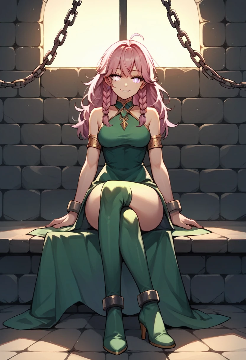 score_9, score_8_up, score_7_up, score_6_up, score_5_up, score_4_up, source_anime, 1 sexy woman, smile , pink hair, braids, white eyes, w-w-chain ,gold shackles, spraed arms, crossed legs, loose hair ,green dress , green thigh boots, heels,night, dungeon, best quality, best res, 4K UHD,
 