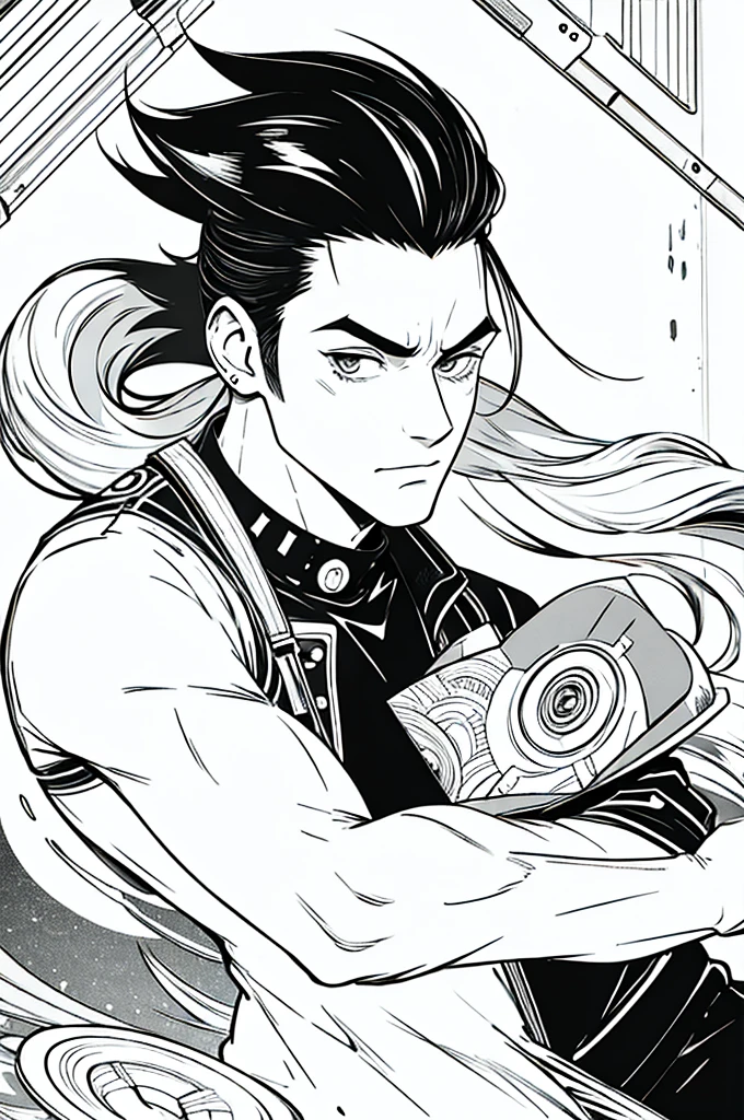 (best quality) (detail), 1 guy, manly, long hair, Illustration, punk, flat illustration style.